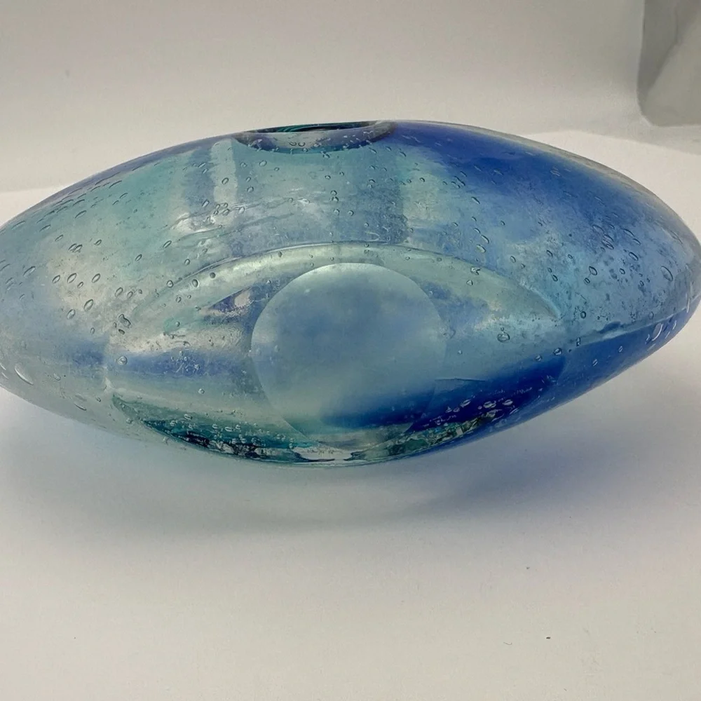 Vintage Blue and Clear Swirl  Glass Donut Vase